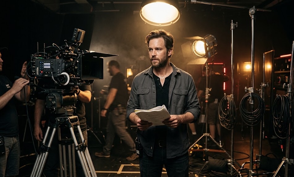 Actor on a professional film set with cinematic lighting